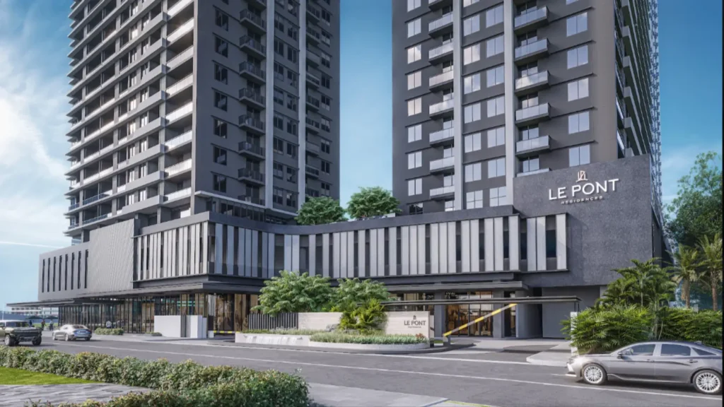 Main entrance and exterior facade of Le Pont Residences condominium by RLC Residences