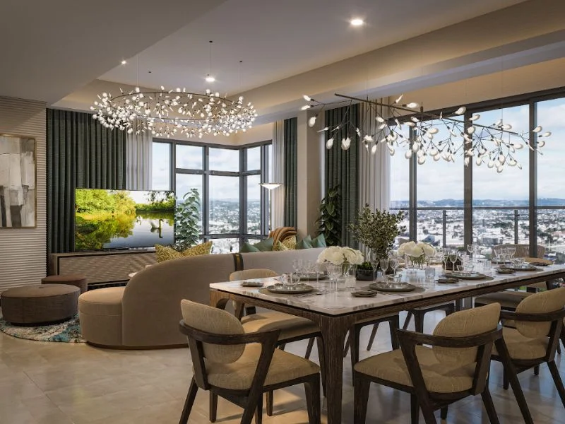 Luxury penthouse living and dining interior with city skyline view
