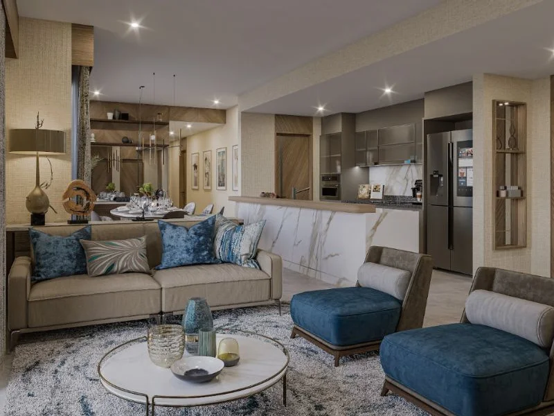 Modern luxury condominium living room and kitchen interior with dining area
