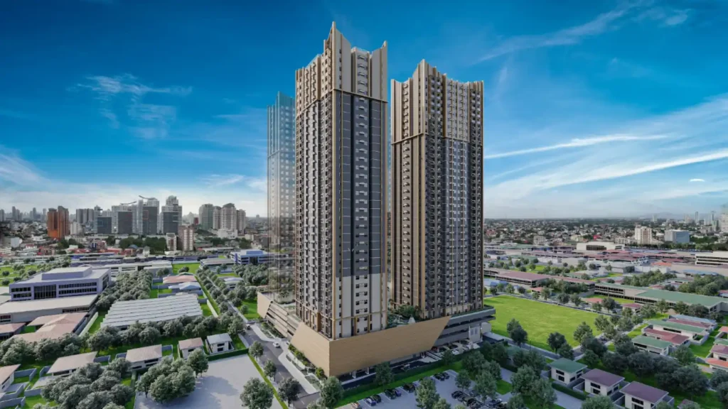 Aerial exterior view of MIRA Residences RLC high-rise condominium development