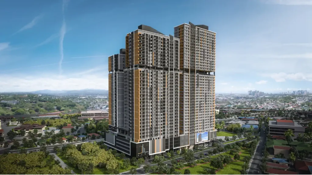 Modern high-rise condominium tower development with residential and commercial spaces